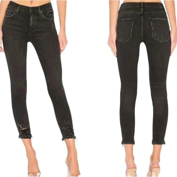 AGOLDE | Sophie High Rise Skinny Crop Jeans Temple Black Denim Distressed Hem 24 - Picture 3 of 8